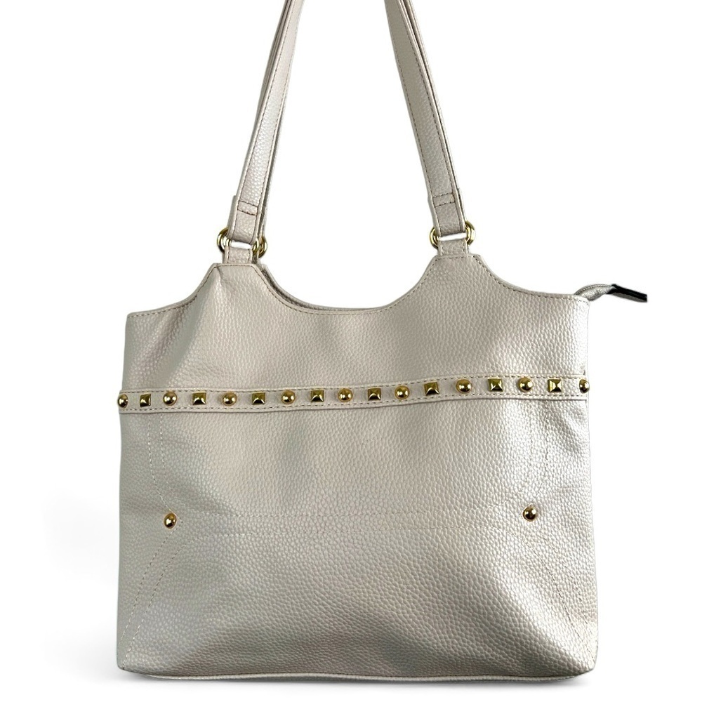 Boutique Light Taupe Vegan Leather Gold Accent Studded Shoulder Bag Purse